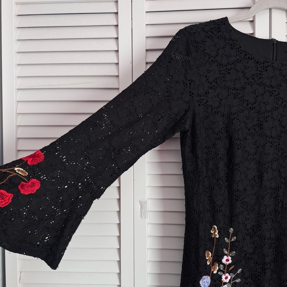 Desigual Vermond Lace Dress Floral Embroidery Bell Sleeve Black Size 40 Medium - Picture 9 of 14